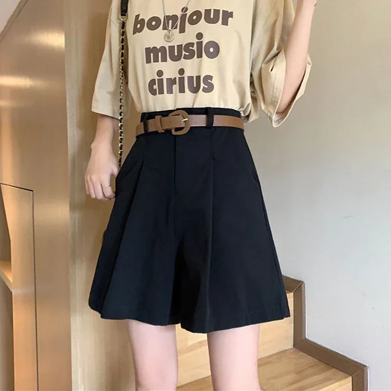 Women\' Summer Casual Shorts 2024 New Streetwear with Belt Cotton Wide Leg Shorts Female High Waist Straight Knee Length Pants