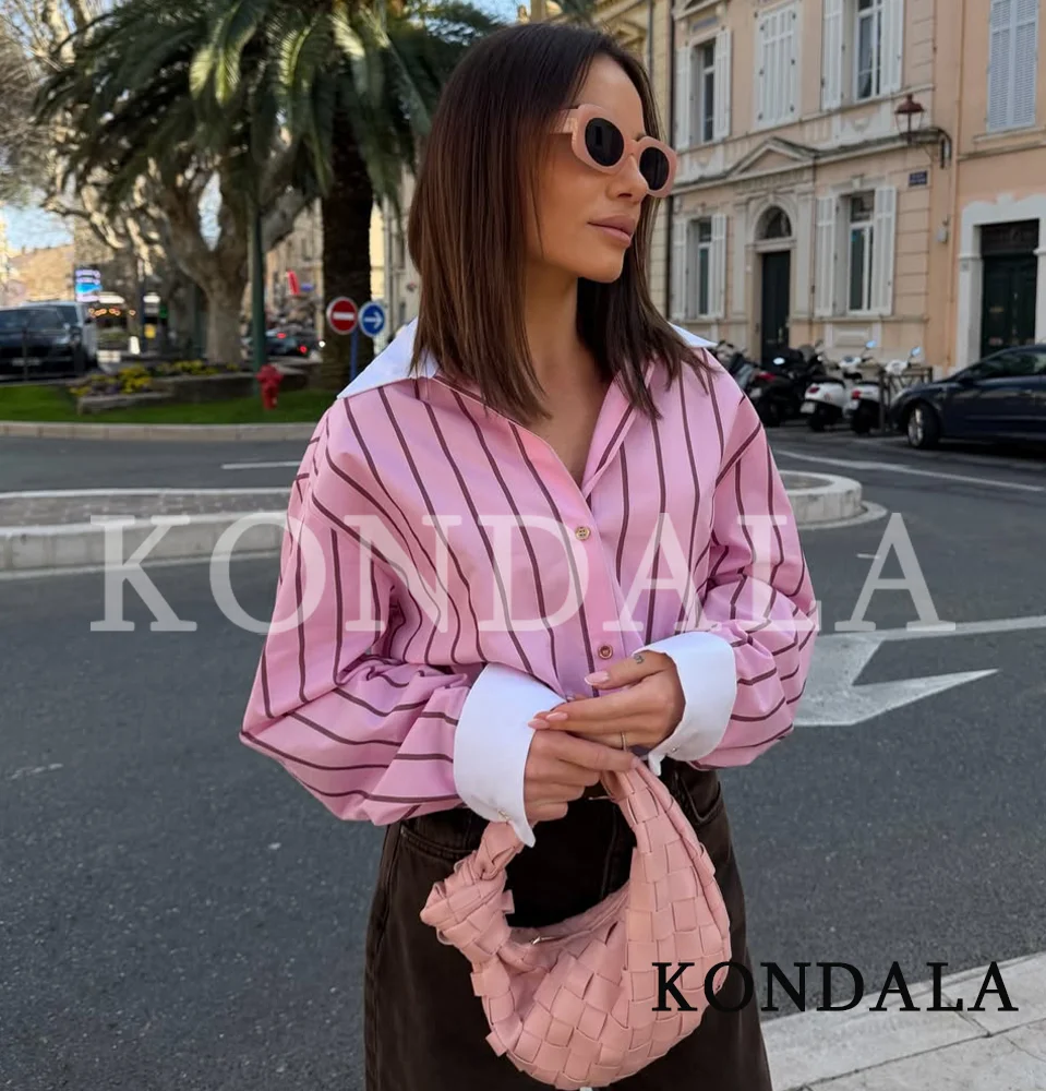 KONDALA Holiday Commute Gestreifte Rosa Hemden Damen High Street Lässige Revers-Knopfhemden 2026 Frühling Sommer Trendiges Süßes Hemd