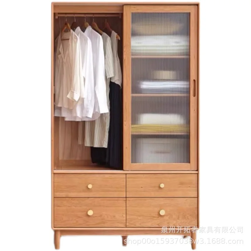

Nordic solid wood wardrobe apartment rental sliding door closet small apartment household bedroom storage storage