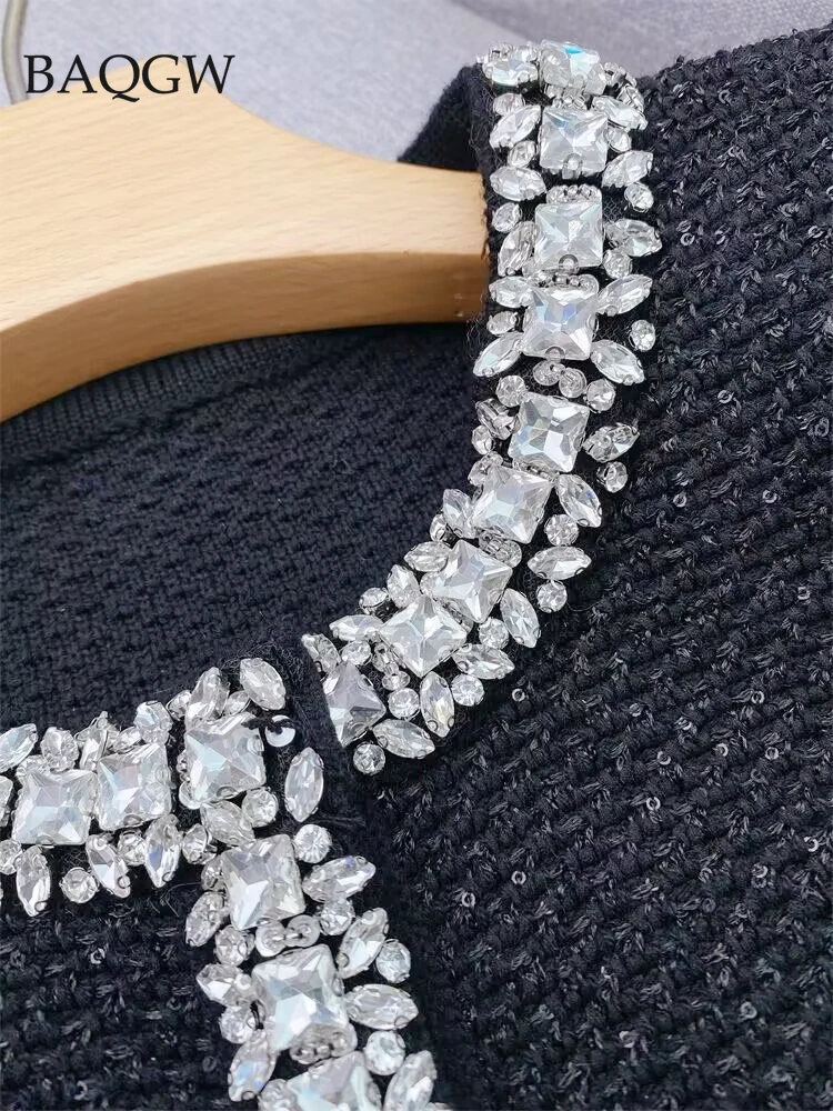 2025年春新作 長袖 丸首 クラシック ブラック ニット レディース カーディガン セーター コート ダイヤモンドとスパンコール付き