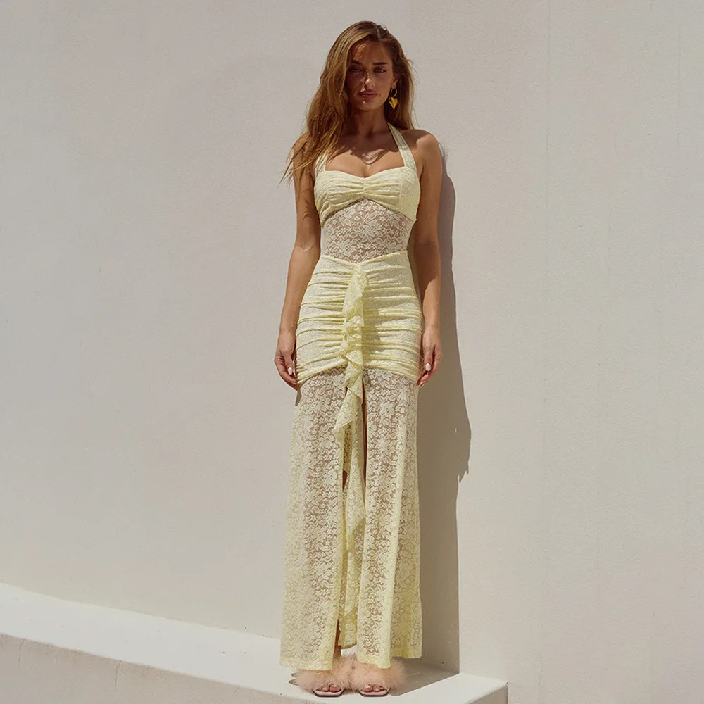 Halter renda drapeado ruched sexy maxi vestido feminino 2025 verão retalhos sem costas fenda magro vestido longo feminino férias praia vestido