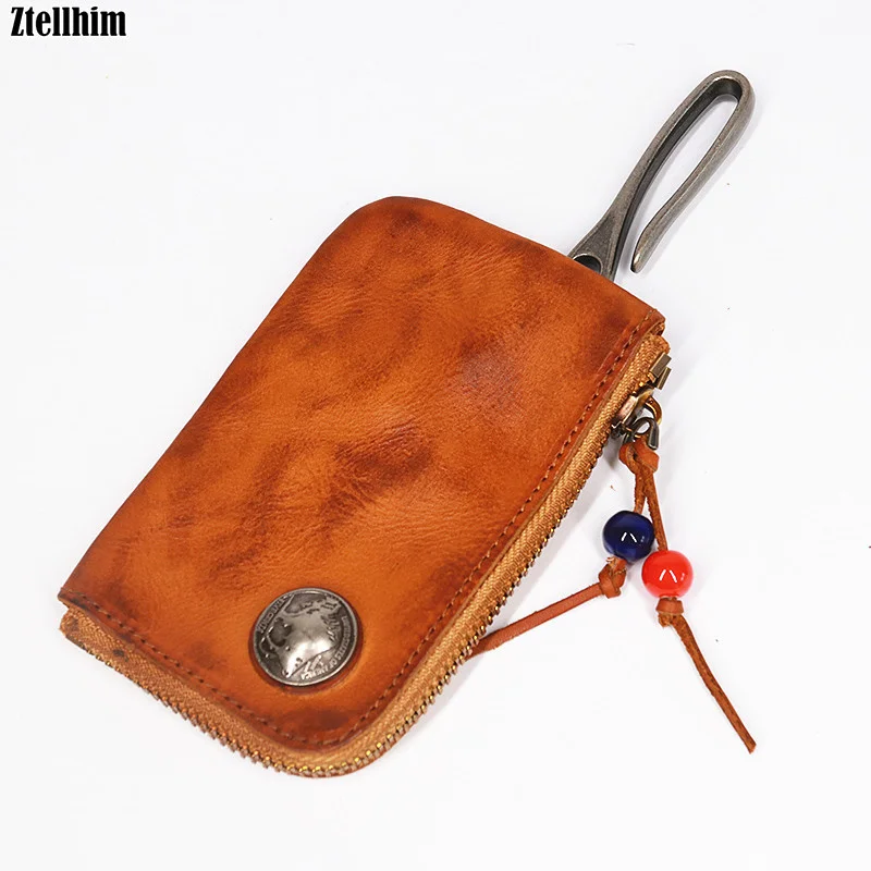 

Genuine Leather Key Wallet Holder Men Vintage Handmade Cowhide Zipper Car Wallets Case Organizer Coin Purse With Card