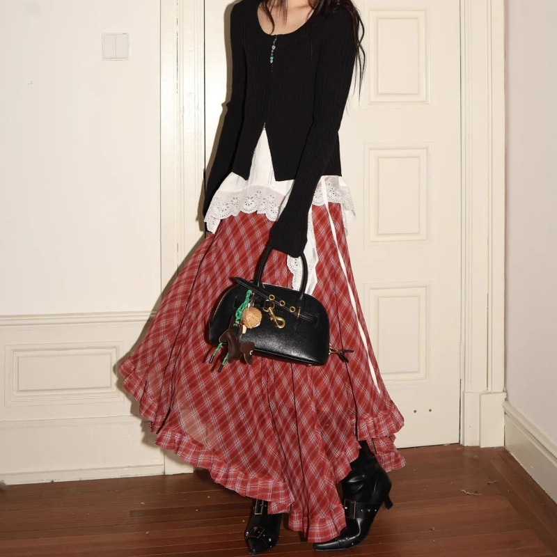 Spring and Summer 2025 Retro Plaid with Irregular Waist and Wooden Ear A Skirt with Long Chiffon Skirt