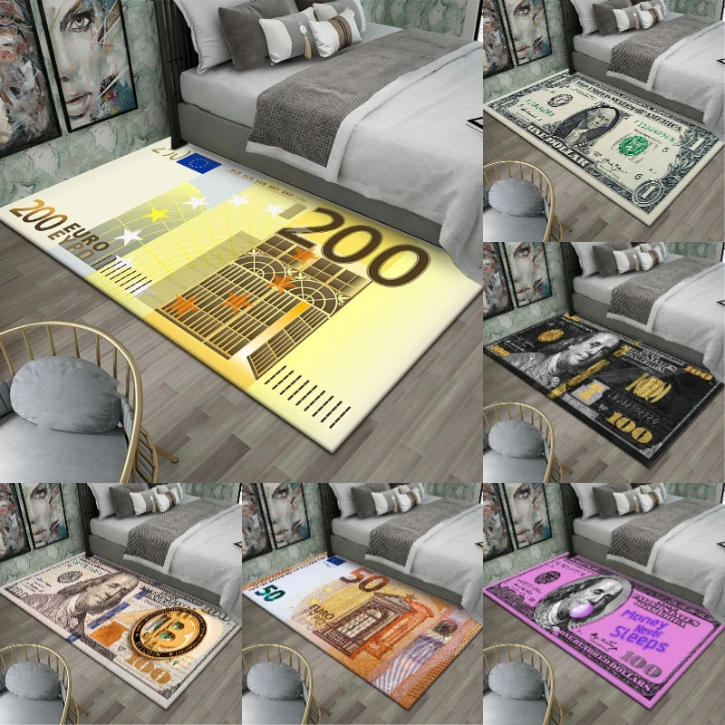Alfombra de área grande con estampado de billetes de dólar estadounidense, alfombra de suelo con diseño de moneda creativa para sala de estar, vestíbulo de entrada con decoración de patrón de dinero