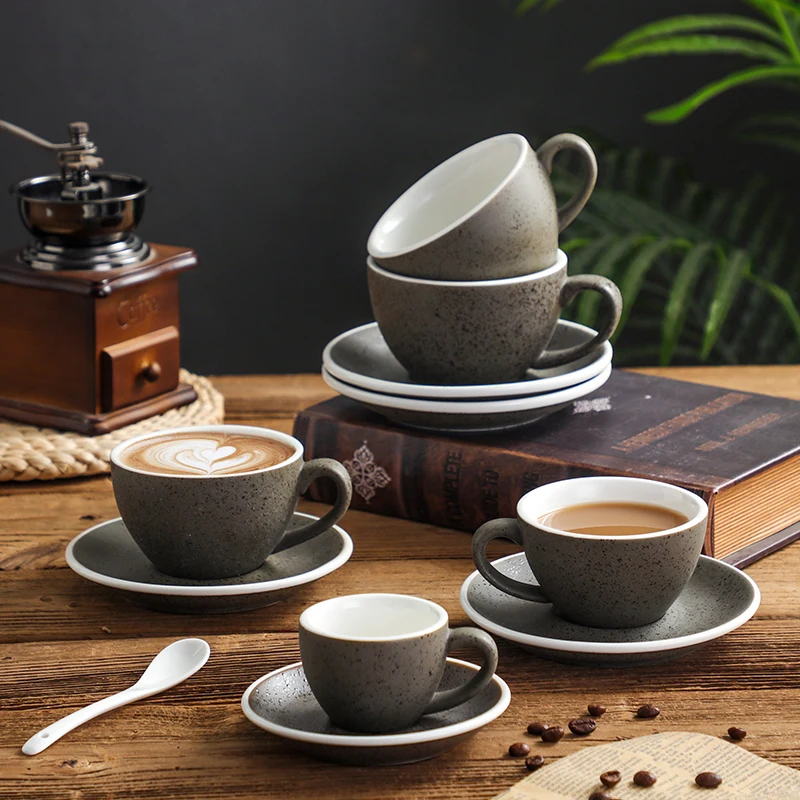 European Ceramic Coffee Cup And Dish Set Vintage Rough Pottery Exquisite Italian Concentrate Cup Plate Cappuccino Latte Cup Sets