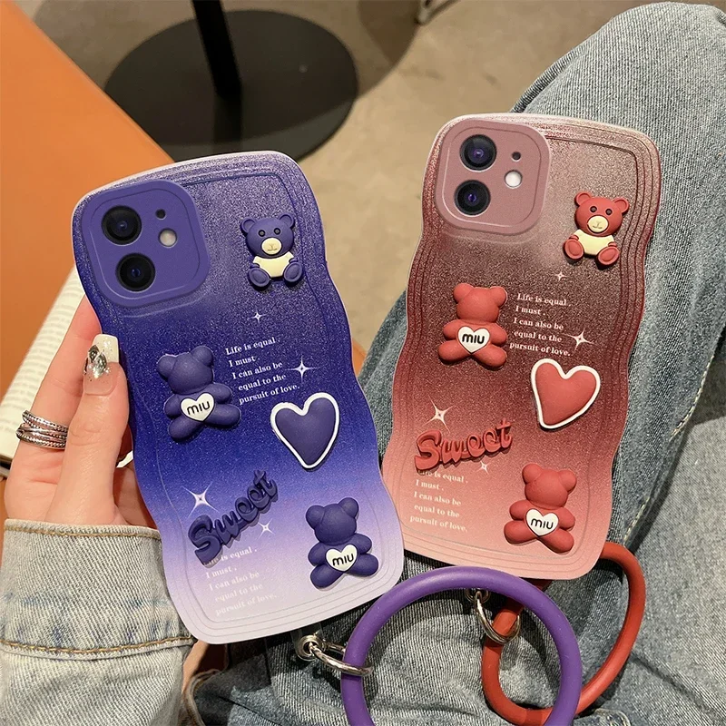 Lovely 3D Little Bear Bracelet Chain Case For Samsung Galaxy A73 A53 A33 A23 A13 A54 A34 A24 A71 A51 A20 A30 A70 A04S Back Cover