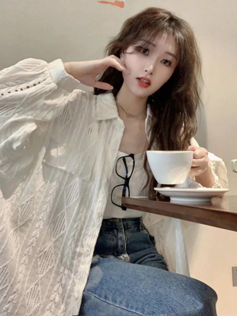 

Women's Summer Thin Sun Protection irt Hollow out Hook Design Loose Midi Length Outerwear Polyester Long Sve Collar