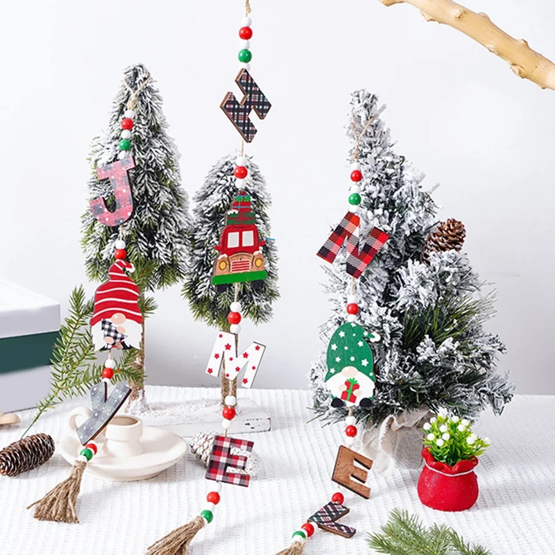 3 PCS Wood Car Crafts Hanging Pendant Decor Wood Christmas Gnome Letter Pendant For Tree Tassel