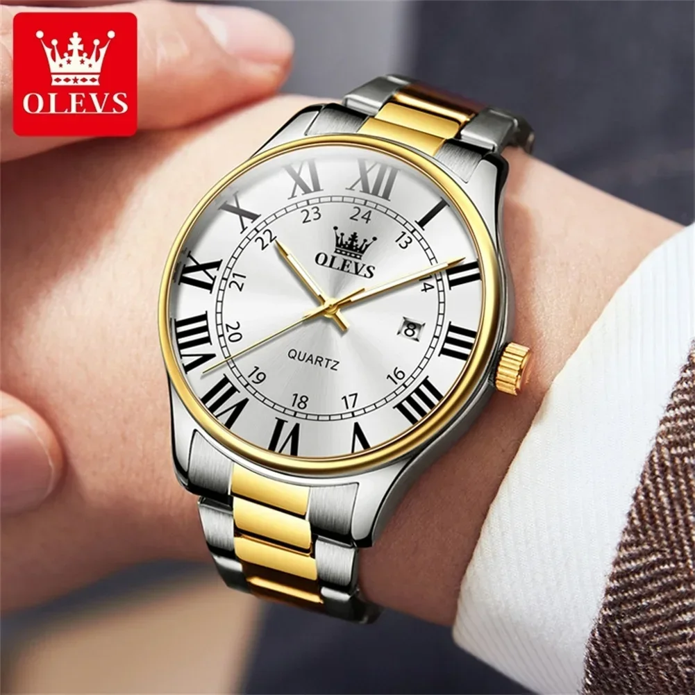 OLEVS Men\'s Watch Luxury Business Stainless Steel Wristwatches Waterproof Luiminous Fashion Roman Scale Quartz Date Watches