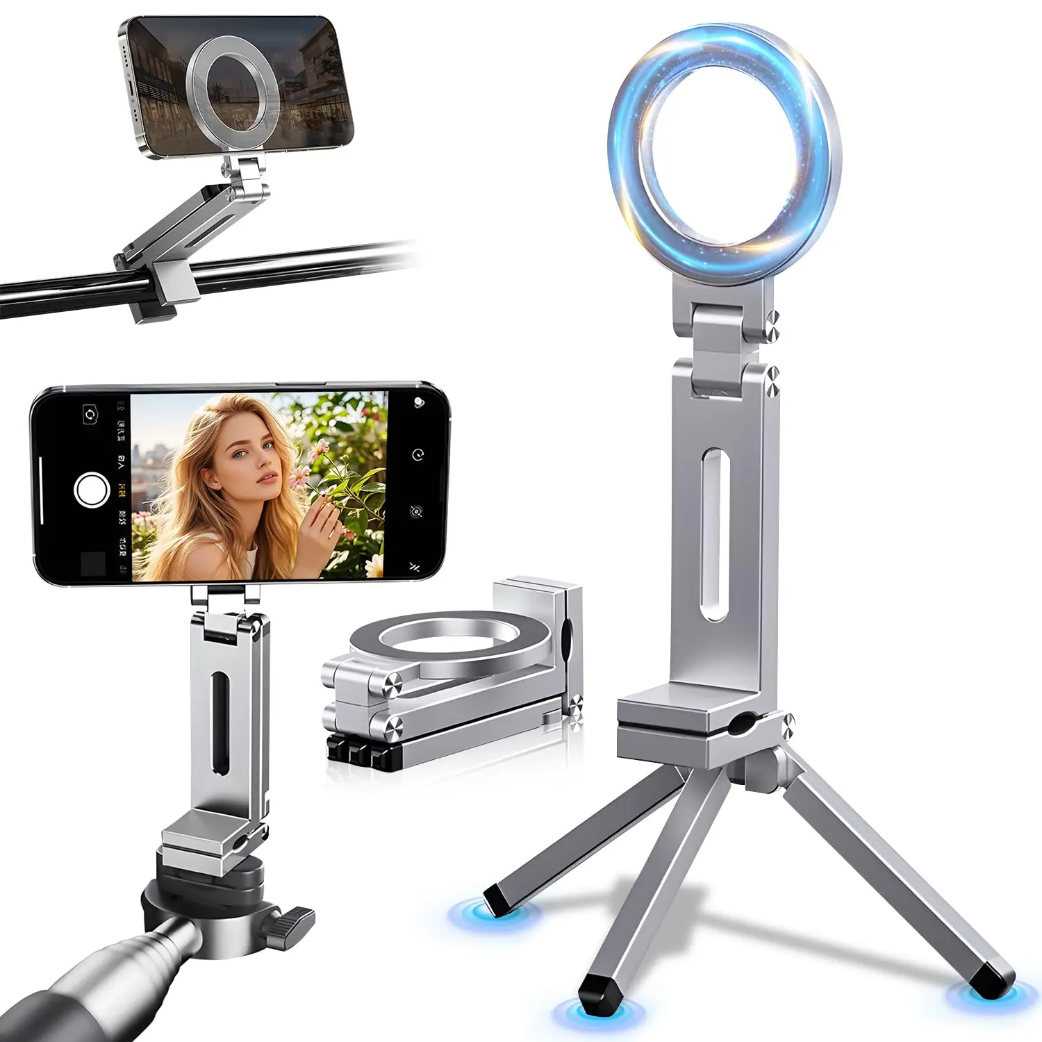 360° Rotation Magnetic Phone Tripod Holder Foldable Adjustable Bracket Desk Phone Clip Bracket Universal ABS Phone Handle Holder