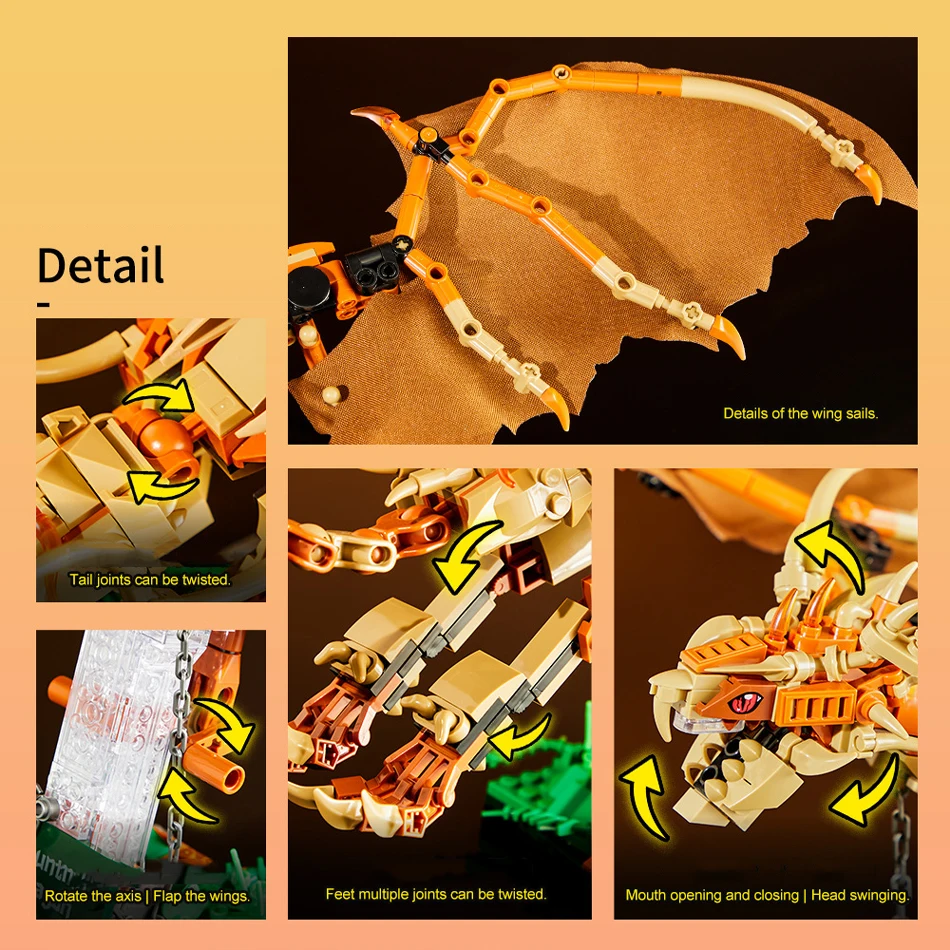 Klocki konstrukcyjne MOC Średniowieczny Magiczny Zwierzak Smok Górski Latający Smok z Miękkimi Skrzydłami Zestaw do Składania Zabawka dla Dzieci i Dorosłych Prezent