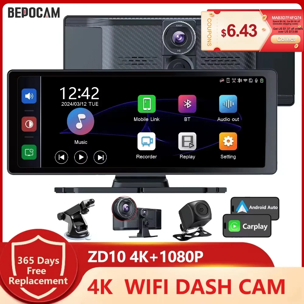 

BEPOCAM ZC10 Wireless Carplay/Android Auto 4K ADAS 10.26'' Touch Screen Multimedia Radio Receiver 5G Wifi GPS FM Car DVR Camera