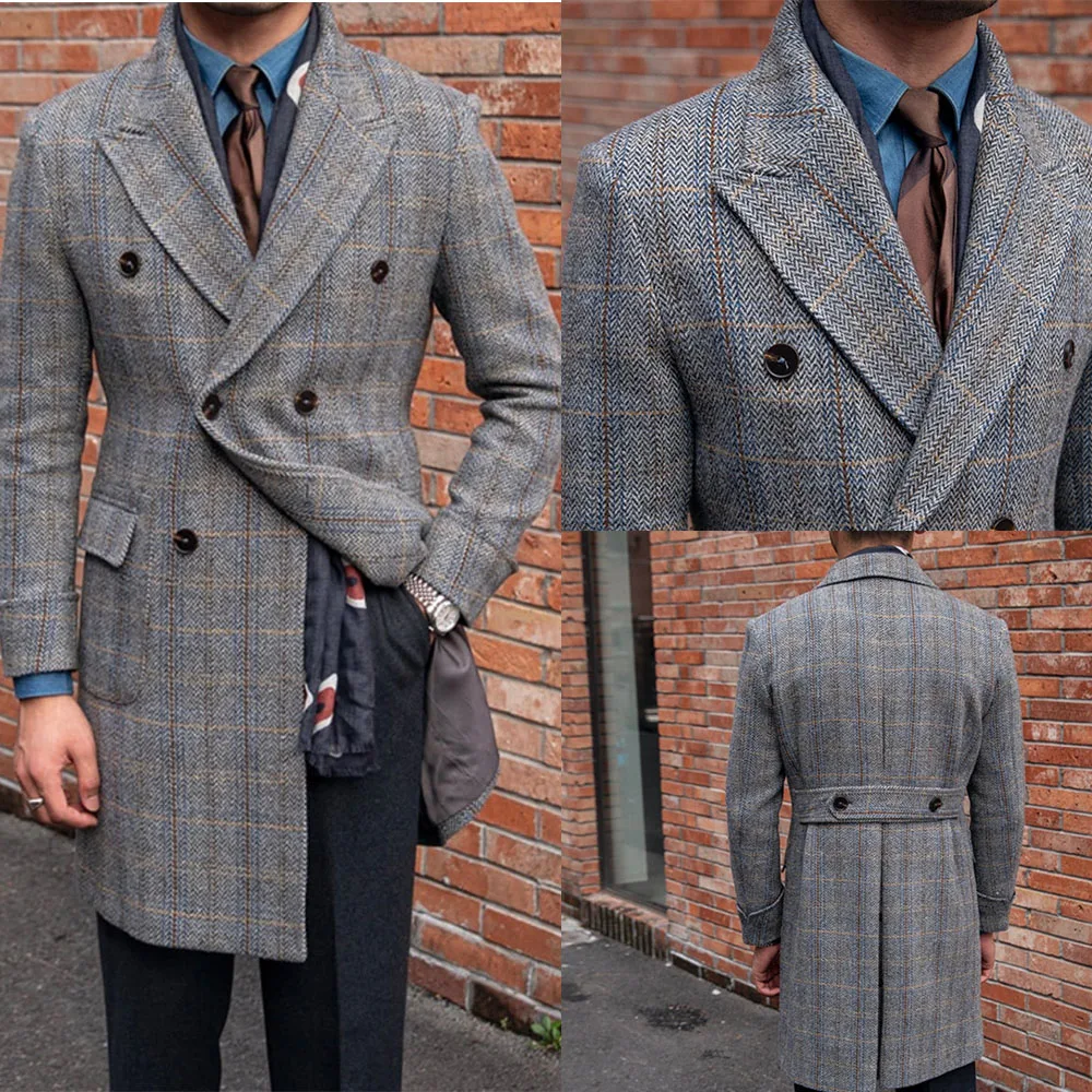 Classic Plaid Men's Long Coat Peaked Lapel Double Breasted Business Loose Fit One Piece Customized Windproof Jacket