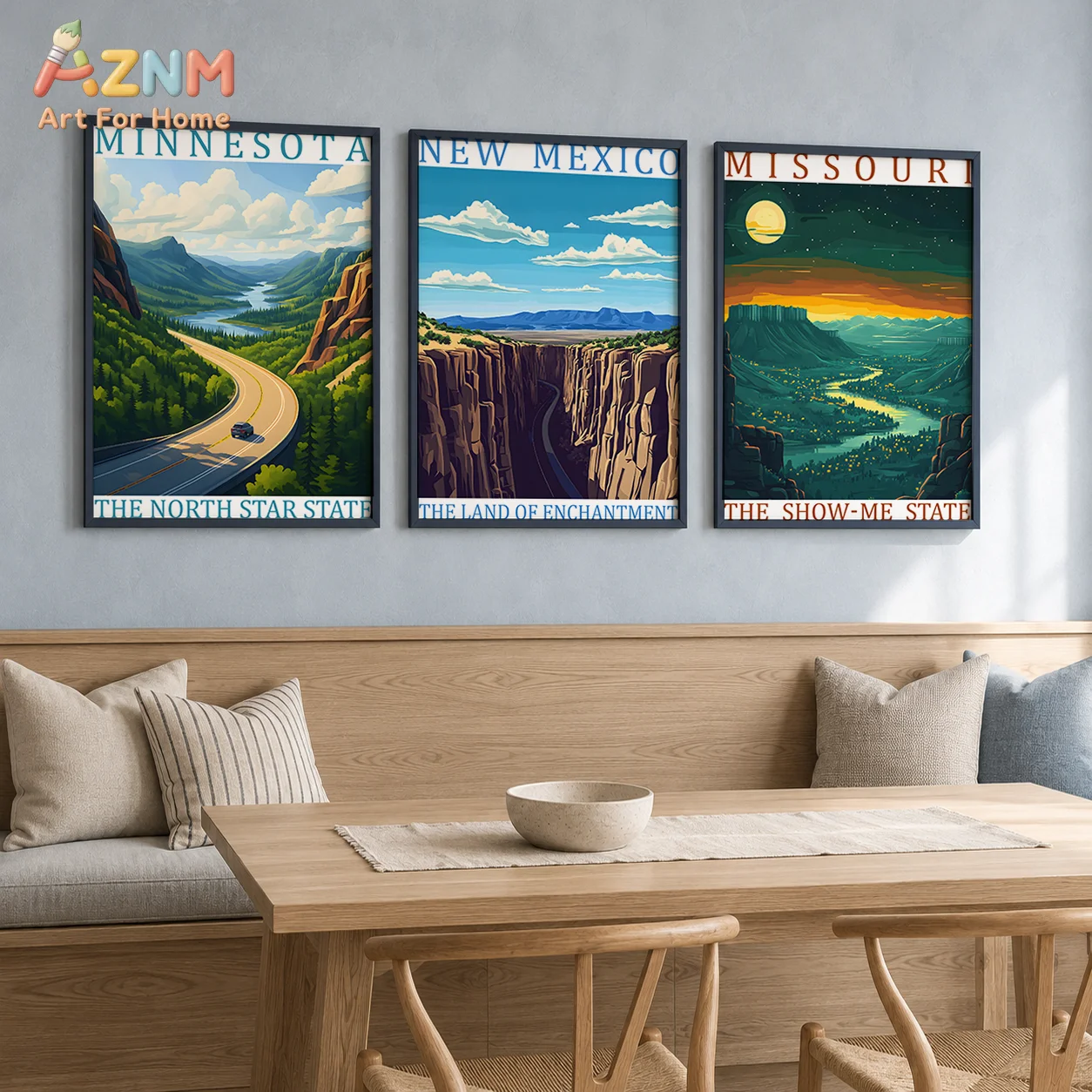 AZNM Unframed Canvas Print US State Travel Poster Wall Art Minnesota New Mexico Missouri Scenic Home Decor Poster