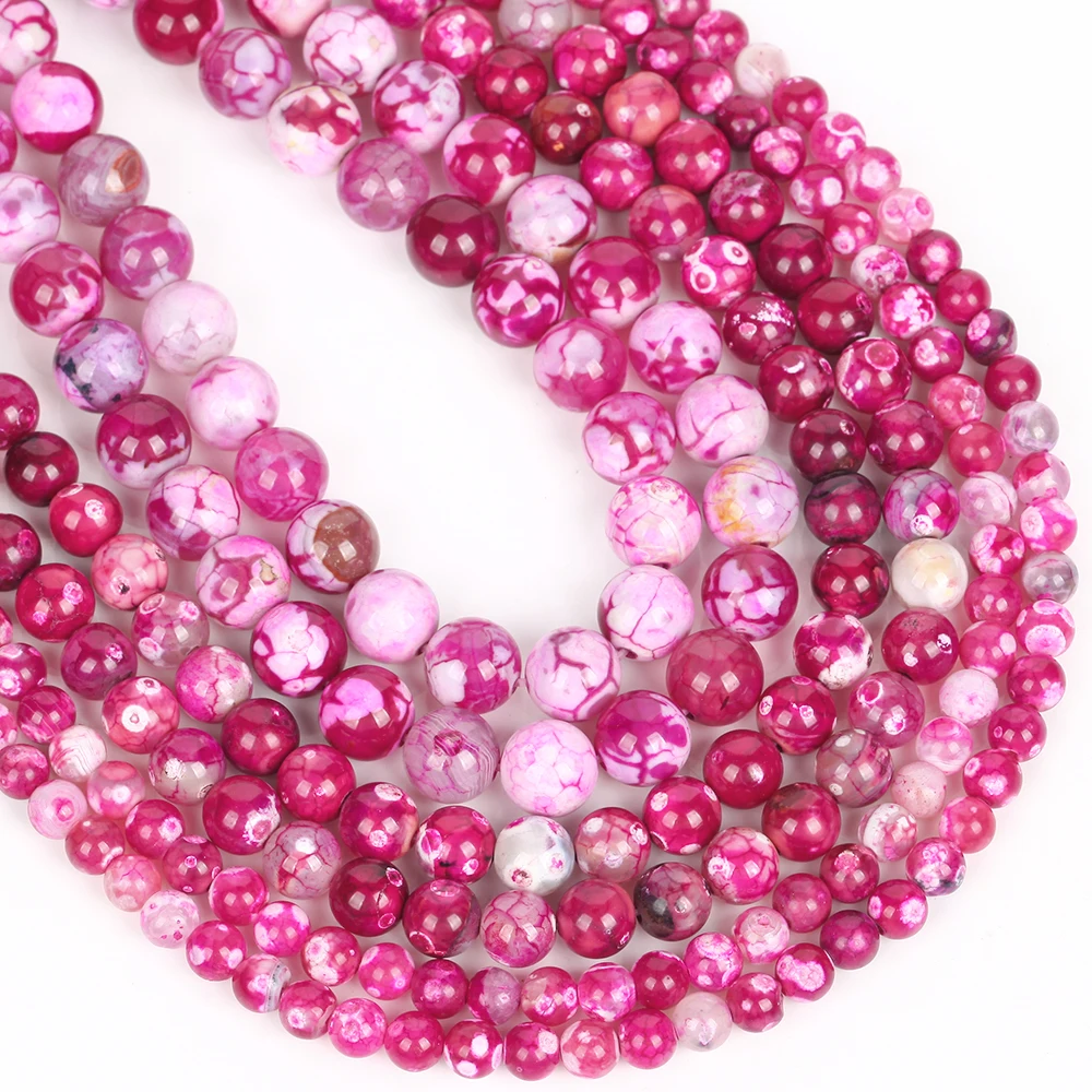Natursteinperlen, 6–10 mm, fuchsiafarbener Feuerachat, runde lose Abstandsperlen für die Schmuckherstellung, DIY-Armbänder, Ohrringe, Zubehör