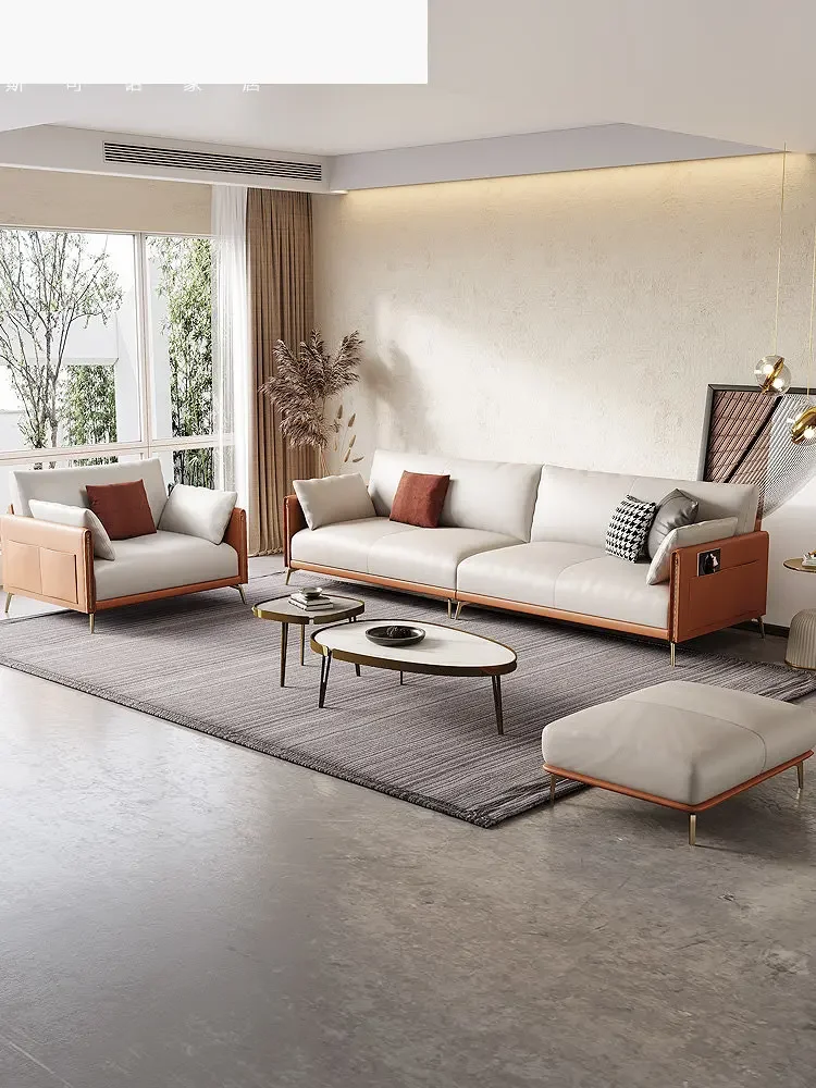 Modern Light Luxury Small Apartment Leather Sofa Italian Minimalist Three Four-Seater Sofa