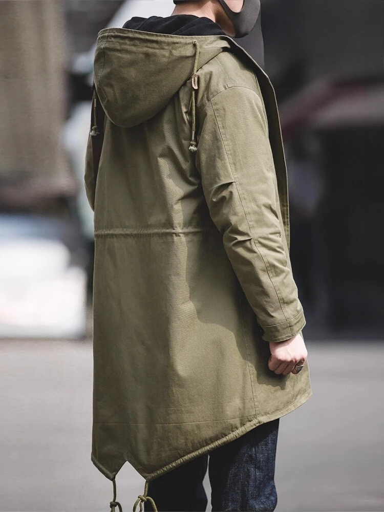 

Зима 2025, новый американский ретро-стиль, средней длины, на флисовой подкладке, утепленный армейский зеленый свободный повседневный плащ с капюшоном