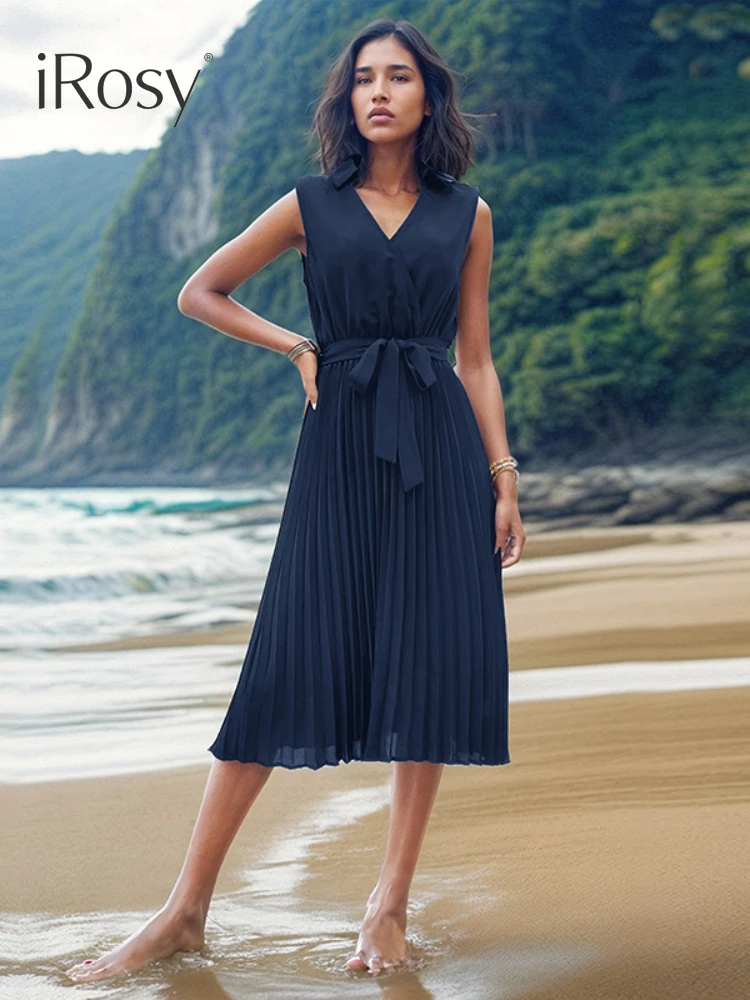 

2024 Fashion Summer V Neck Sleeveless Elastic Waist Pleated Midi Dress with Lace Up Elegant Navy Blue Office Party Beach Dresses