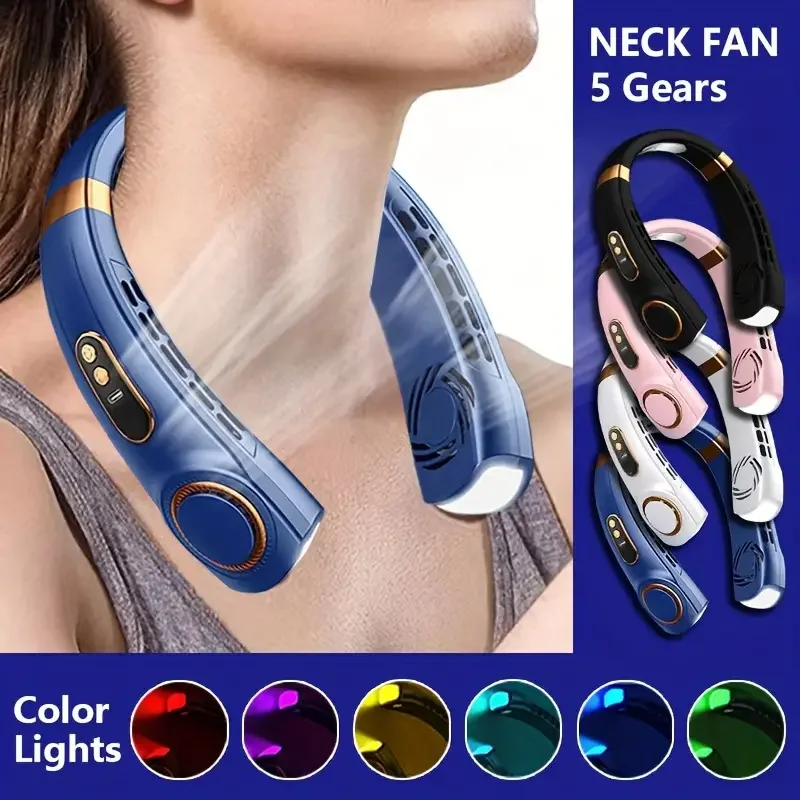 Wearable ar condicionado bladeless pescoço ventilador, mini ventilador recarregável, portátil 5 engrenagens LED Display Screen, 7 luzes coloridas, novo, 2024