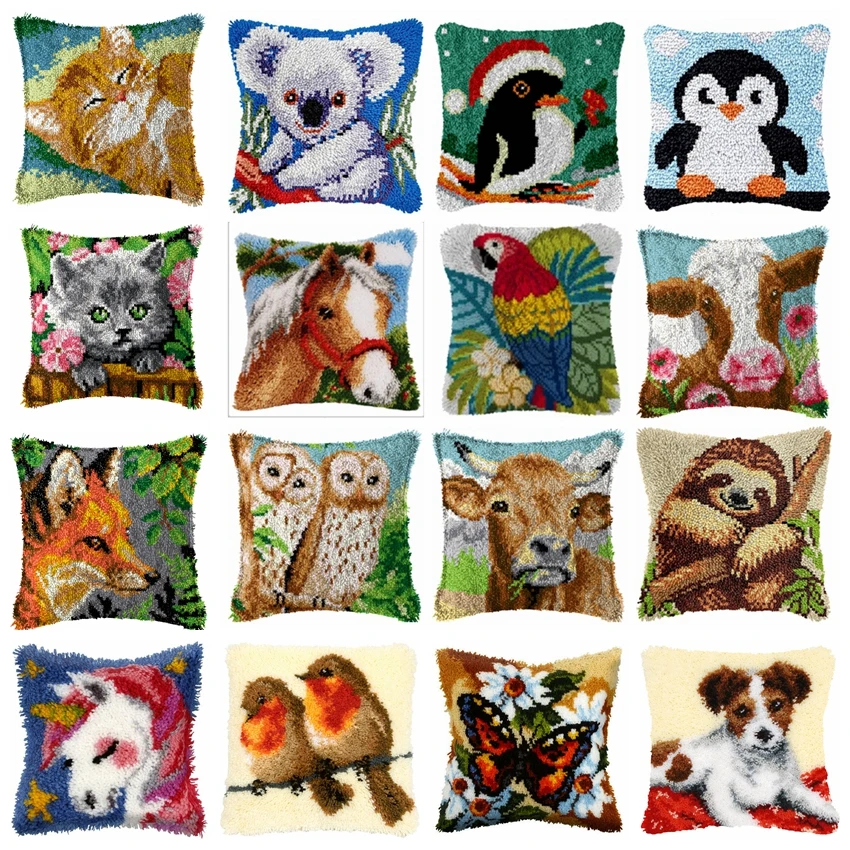 

DIY Parrot owl Latch Hook Rug Kits Smyrna Pillowcase Knot Pillow Package Plant Latch Hook Set Needlework Embroidery Cushion