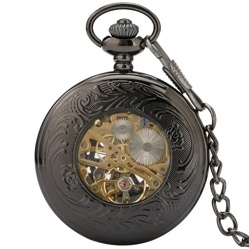 Antique Black Hollow Spider Web Hand Winding Mechanical Pocket Watch Luxury Roman Numerals Display FOB Chain Pendant Clock Gift