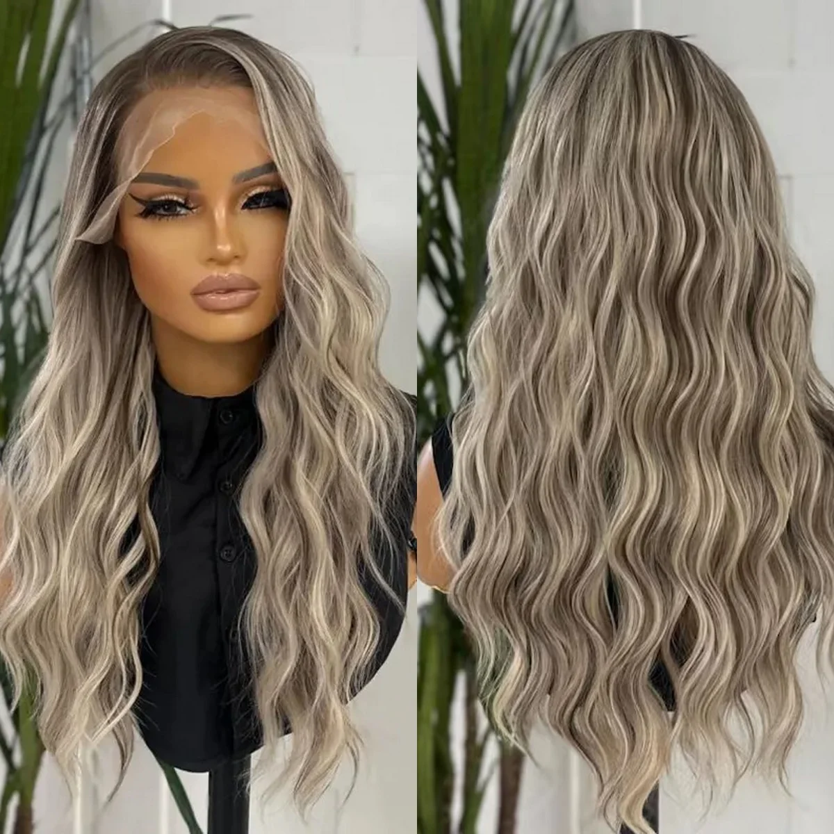 Realistic Look Hairline Highlight Long Length Full Wigs For Women Deep Wave Luxury Glueless Wigs Platinum Blonde Synthetic Hair