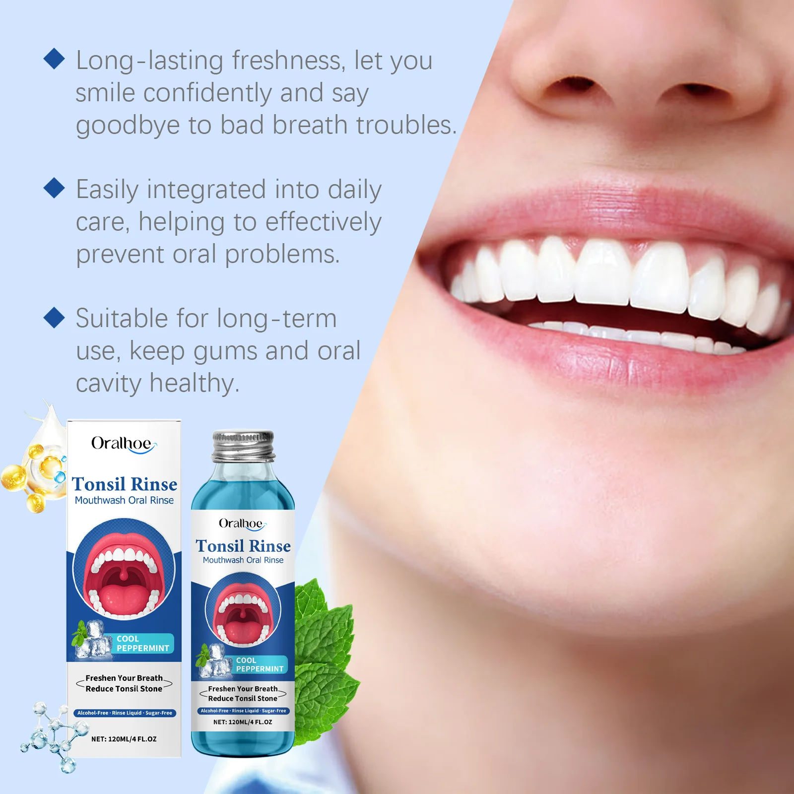 Oralhoe Coconut Pulling Oil Mouthwash Peppermint Oral Fresh Reduce Mouth Odor Gentle Breath Fresh Oral Hygiene Clean Care Liquid