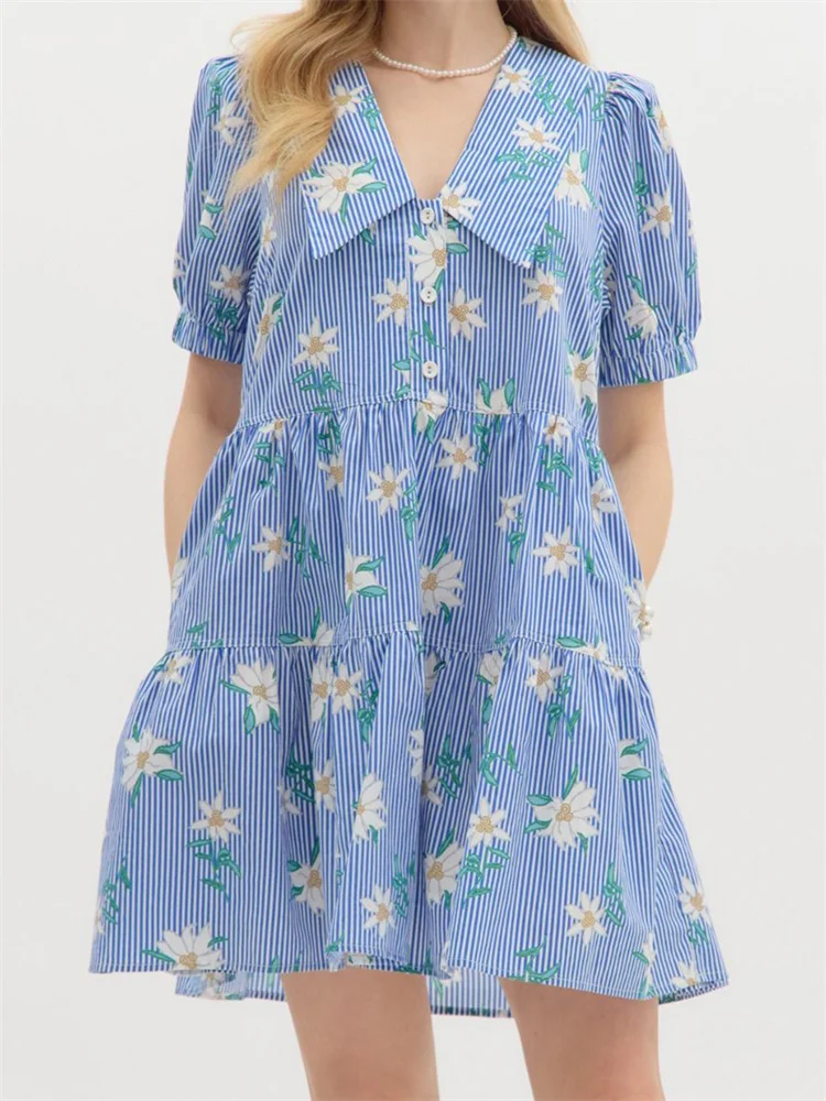 CHRONSTYLE Women Short Mini Dress Elegant Short Puff Sleeve Lapel Collar Floral Print A-line Dress Summer Vestidos with Pockets