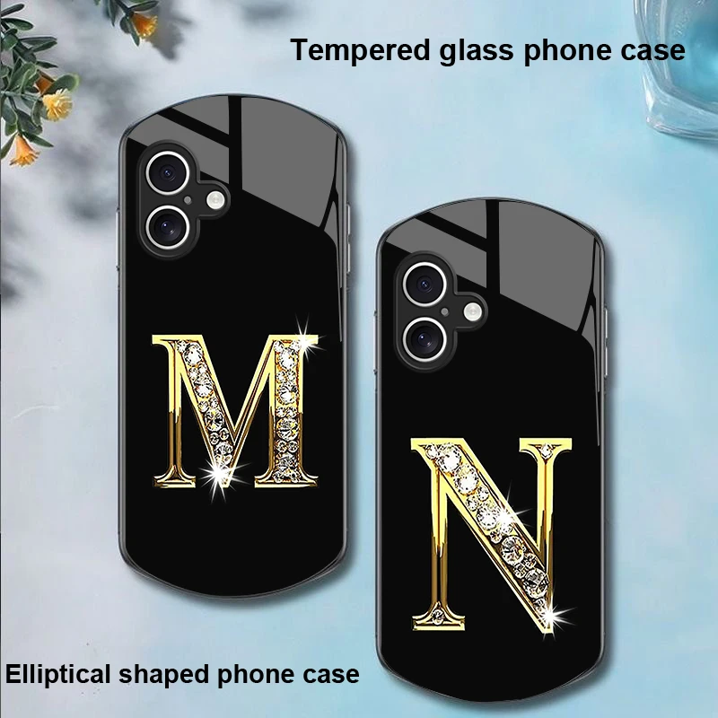 

diamond characters For Apple iPhone 16 11 13 15 14 Pro Max 12 Mini 7 8 Plus XR X XS Elliptical shaped tempered glass phone case