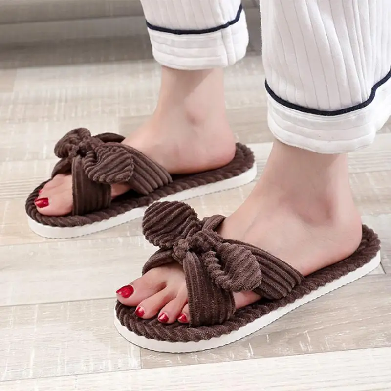 2026 Winter Süße Schleifenknoten-Hausschuhe für Damen, Trendige Cord-Baumwoll-Pantoffeln, EVA Rutschfeste Wohnzimmer-Schuhe, Flach – Detail 6