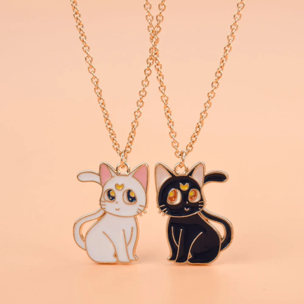 Lovecryst 2Pcs/set Cute Black White Cat Alloy Drop Oil Best Friend Necklace for Kids Girls Fashion Friendship Gifts