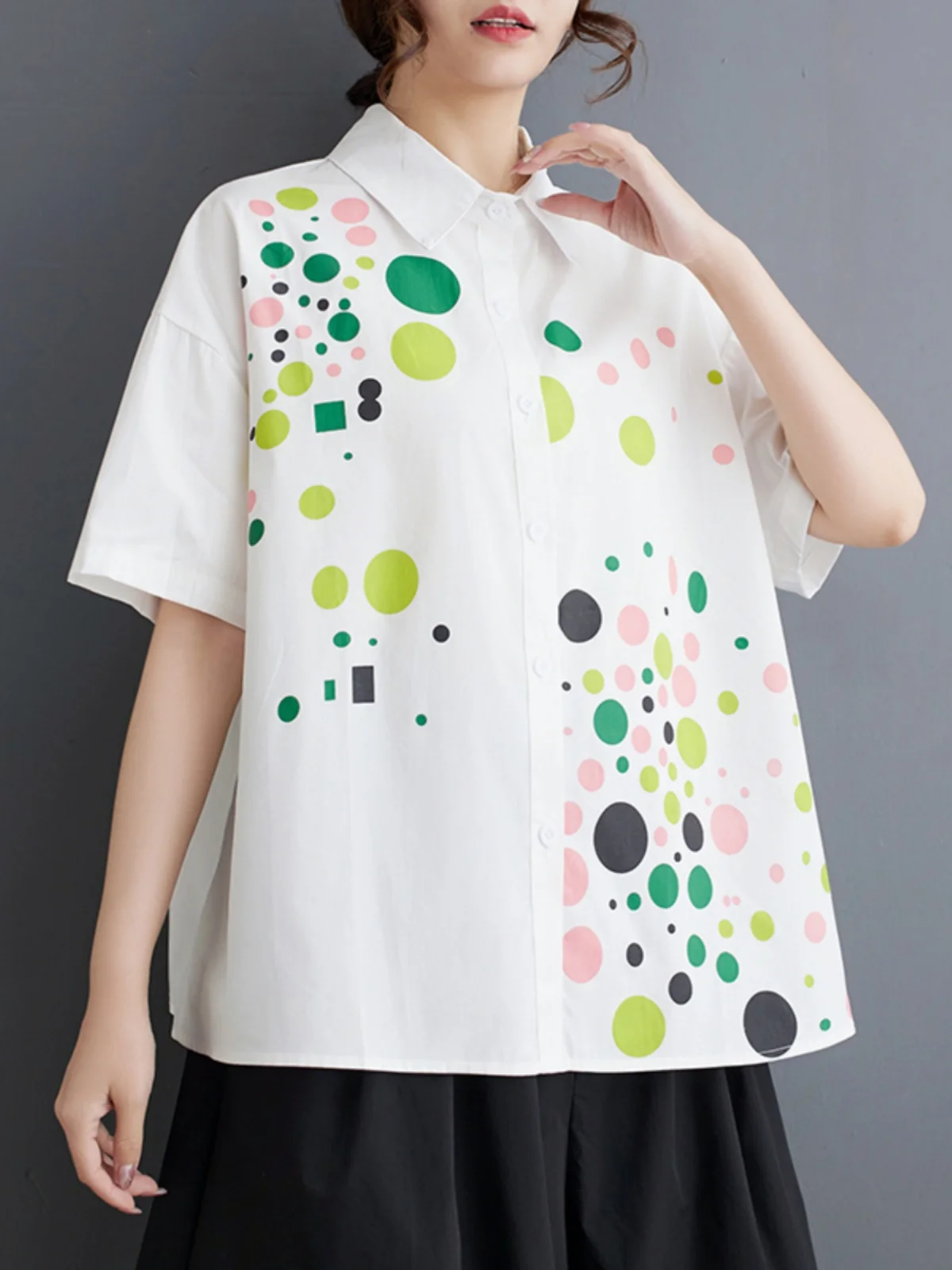 

Новая летняя женская футболка больших размеров, повседневная, свободного кроя, с коротким рукавом, с воротником, с принтом, в стиле пэчворк, премиум-класса