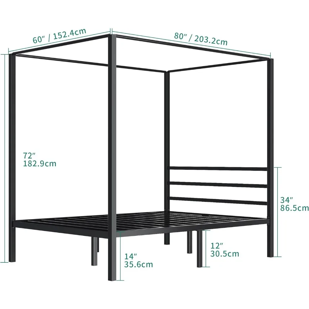 Hemelbed Frame Metalen Vier Posters 14 Inch Platform Met Ingebouwde Hoofdeinde Sterke Metalen Lamelt Matrassteun