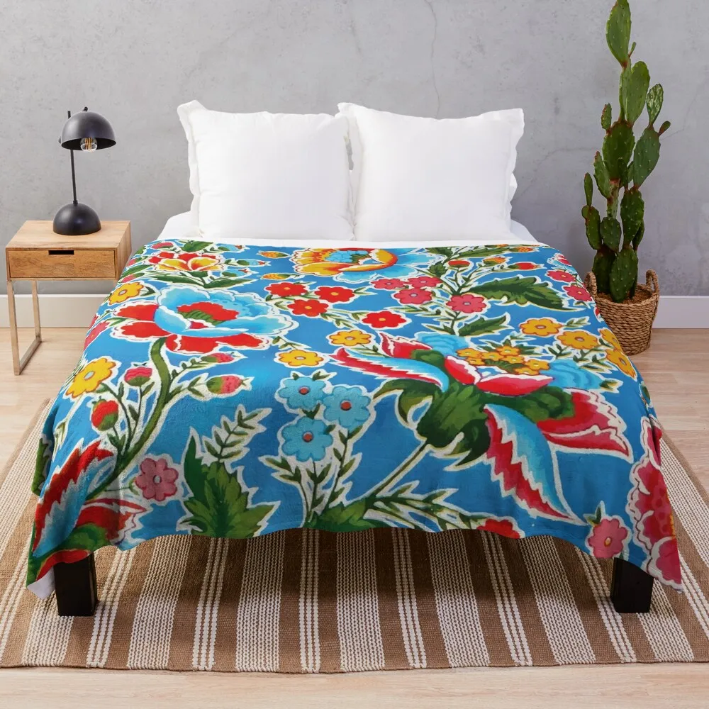 Oaxaca colorful flowers mexican style blue embroidery Throw Blanket Stuffeds Sofa Quilt Blankets