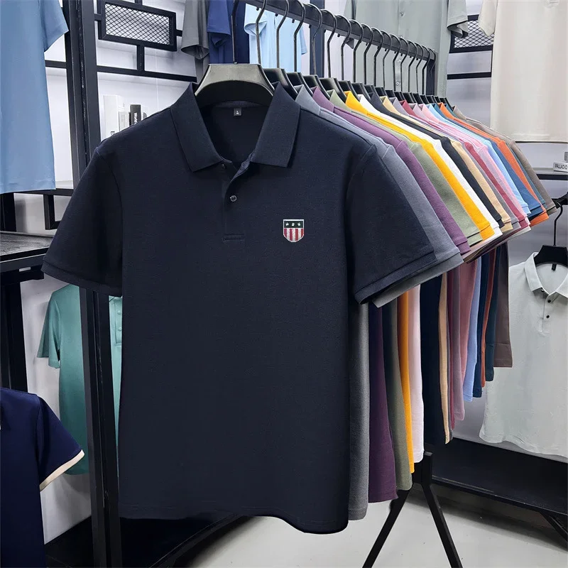 Men's Summer Luxury 100% Cotton Polo Shirt, Lapel Print Short Sleeve T-shirt, Breathable Business Casual Menswear