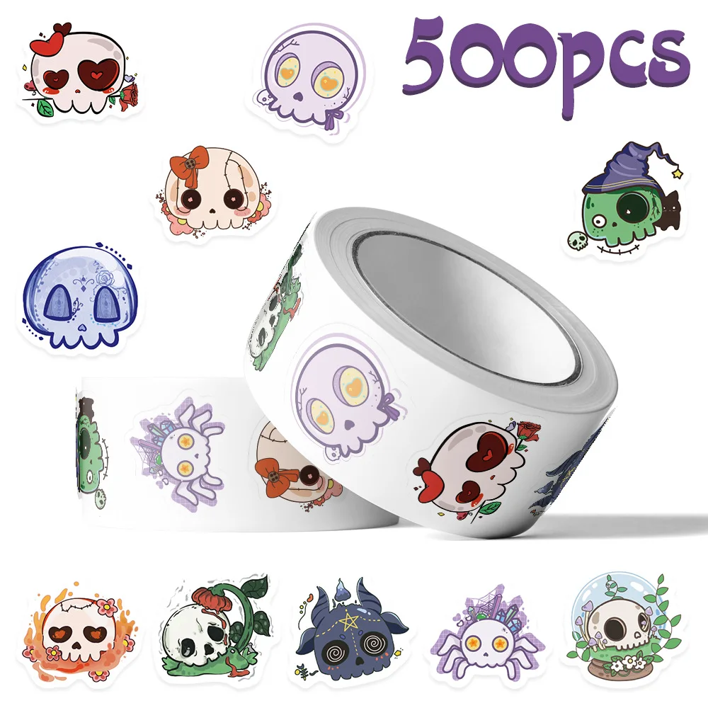 

500PCS Halloween Cute Funny Skull Roll Sticker Waterproof Graffiti Decal Children's Toy Gifts DIY Skateboard Water Cup Notebook