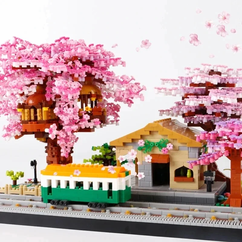 3668PCS Creative Japan Sakura Train City Street View Building Blocks Assemble Mini Brick House Tree Toys Gift For Children Kids