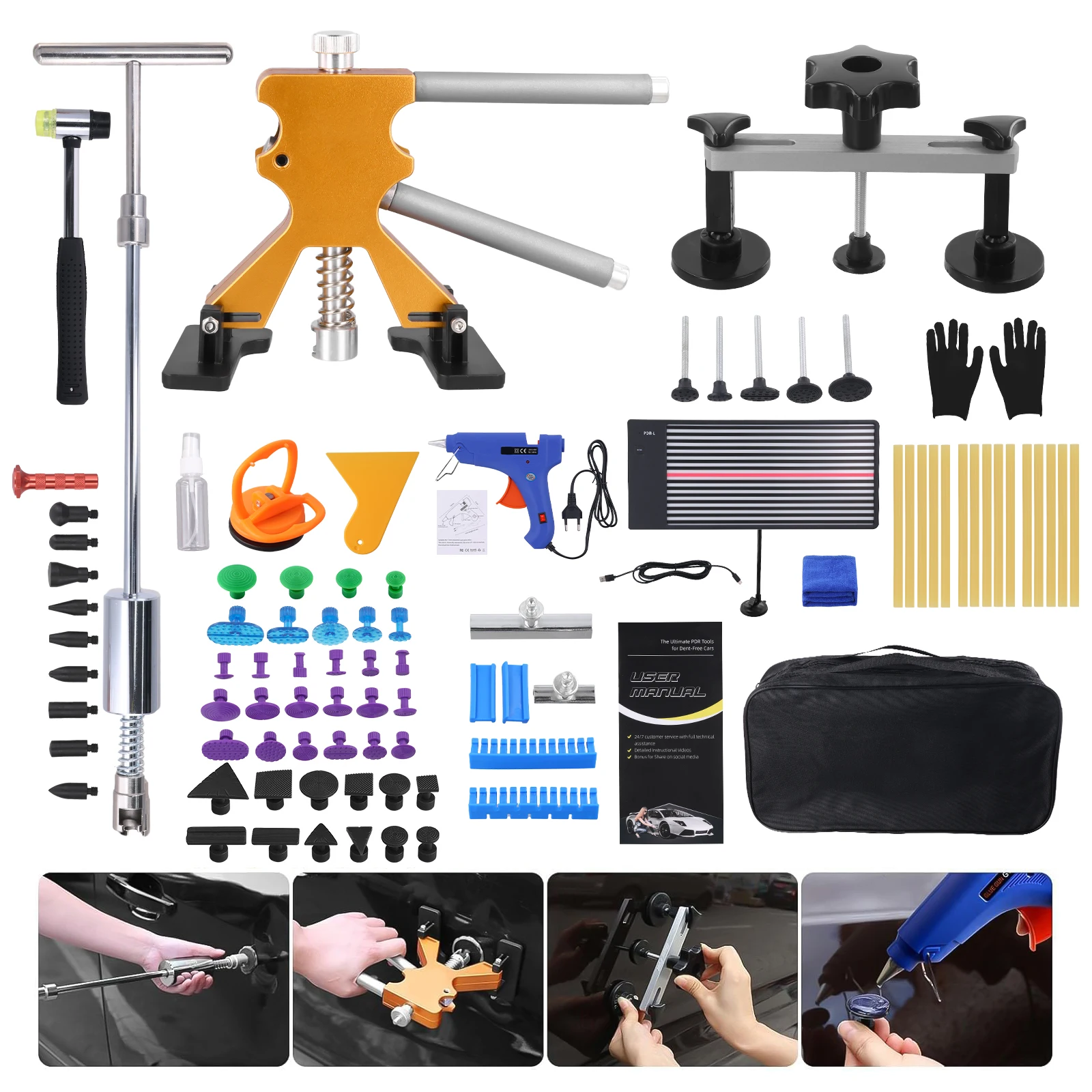 Kit de débosselage de voiture Podofo, 118 pièces, kit de réparation de bosses sans peinture avec tableau de traçage LED, marteau à inertie, barre en T, extracteur de bosses et extracteur de pont, outils PDR pour la réparation de carrosserie automobile, outil de suppression de bosses