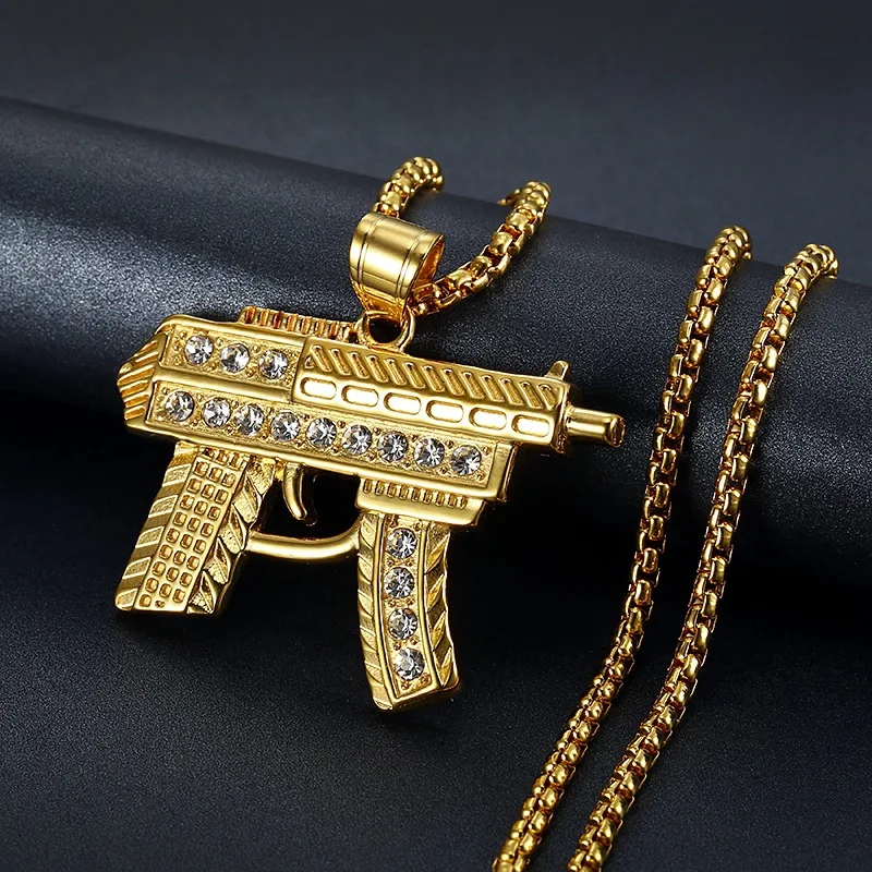 Fashion Gold Color Submachine gun Link Chain Pedant Necklace zircon Stainless steel Choker Hip Hop For Men Jewelry Collier Male