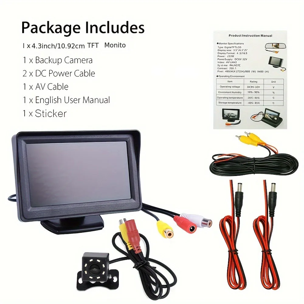 4.3 inch TFT LCD Car HD Monitor Reverse Camera Security Display for Reverse Backup Parking Camera Drive Recorder