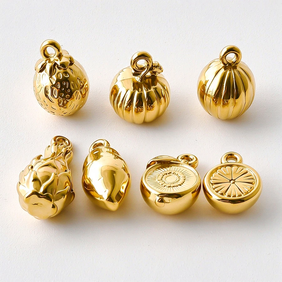 Fashion 5pcs Stainless Steel Tropical Fruits Charms 3D Shaped Lemon Strawberry Pitaya Pendant For DIY Jewelry Making Accessories