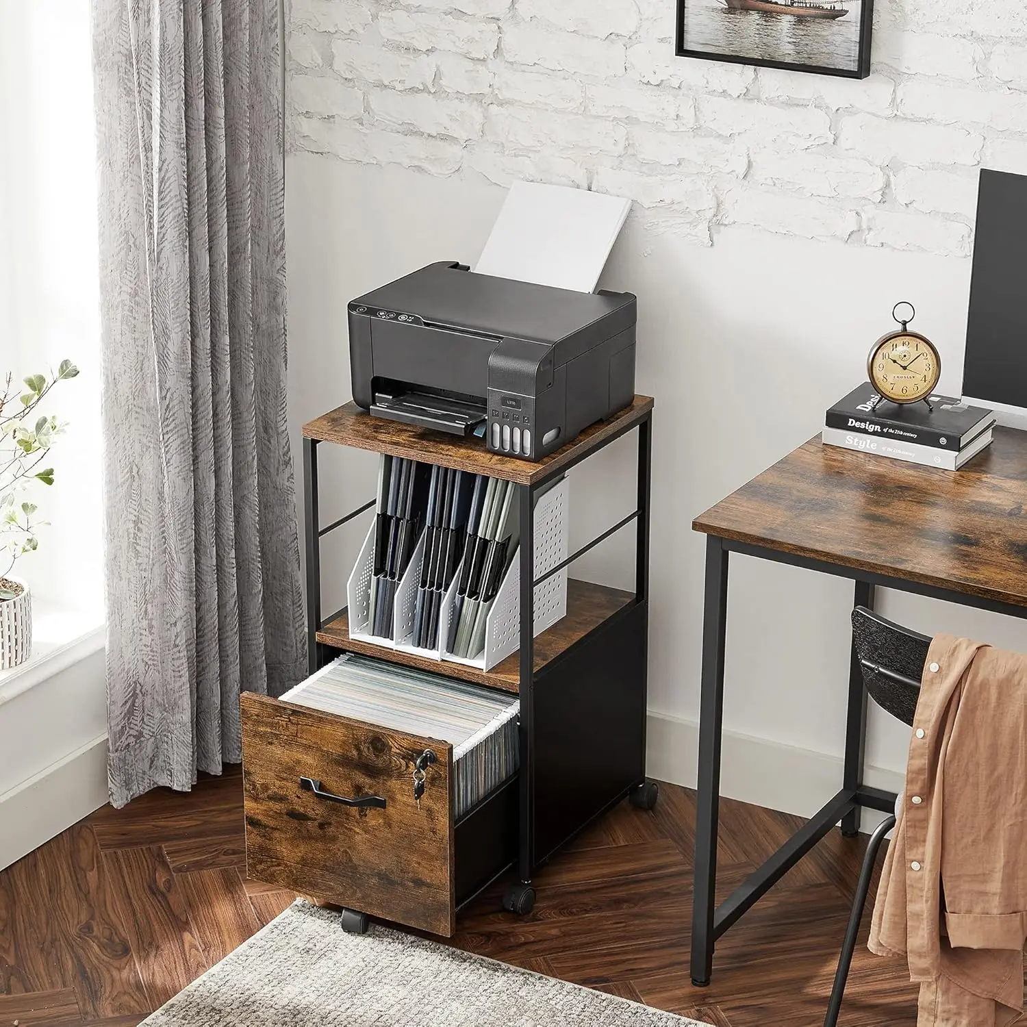 

Rustic Brown Locking File Cabinet, Metal Office Storage Organizer for A4 Letter Files in Home & Business Use