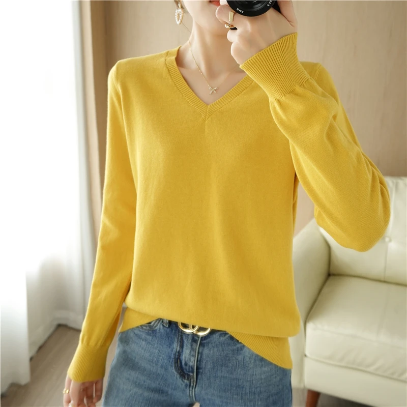 100% cotton women's V-neck sweater Spring and autumn basic loose large size long sleeve solid color all-match knitted pullover