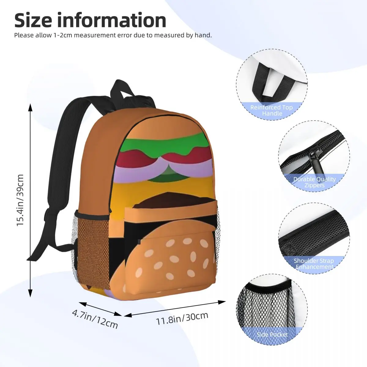 Cheeseburger New Fashionable Pattern School Bag Print Lightweight Backpack 15inch