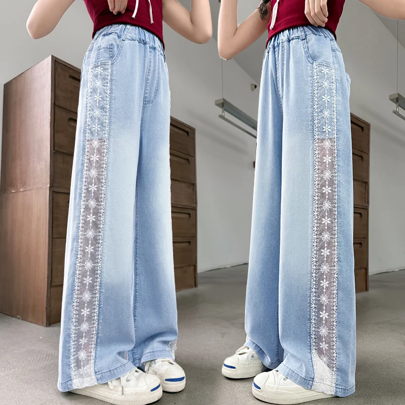 

Kids Child Stylish Lyocell Fabric Jeans with Side Lace Flower for Girls High Fashion Streetwear New Arrival Summer Denim Pants