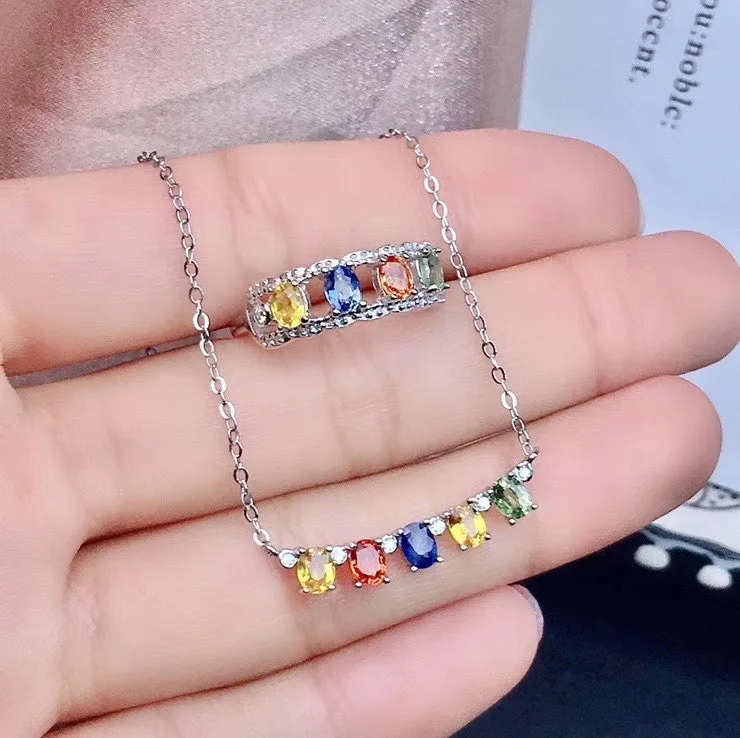 S925 Sterling Silver Natural Colorful Sapphire Jewelry Set,3*4mm Gemstone Necklace & Ring Gift for Women
