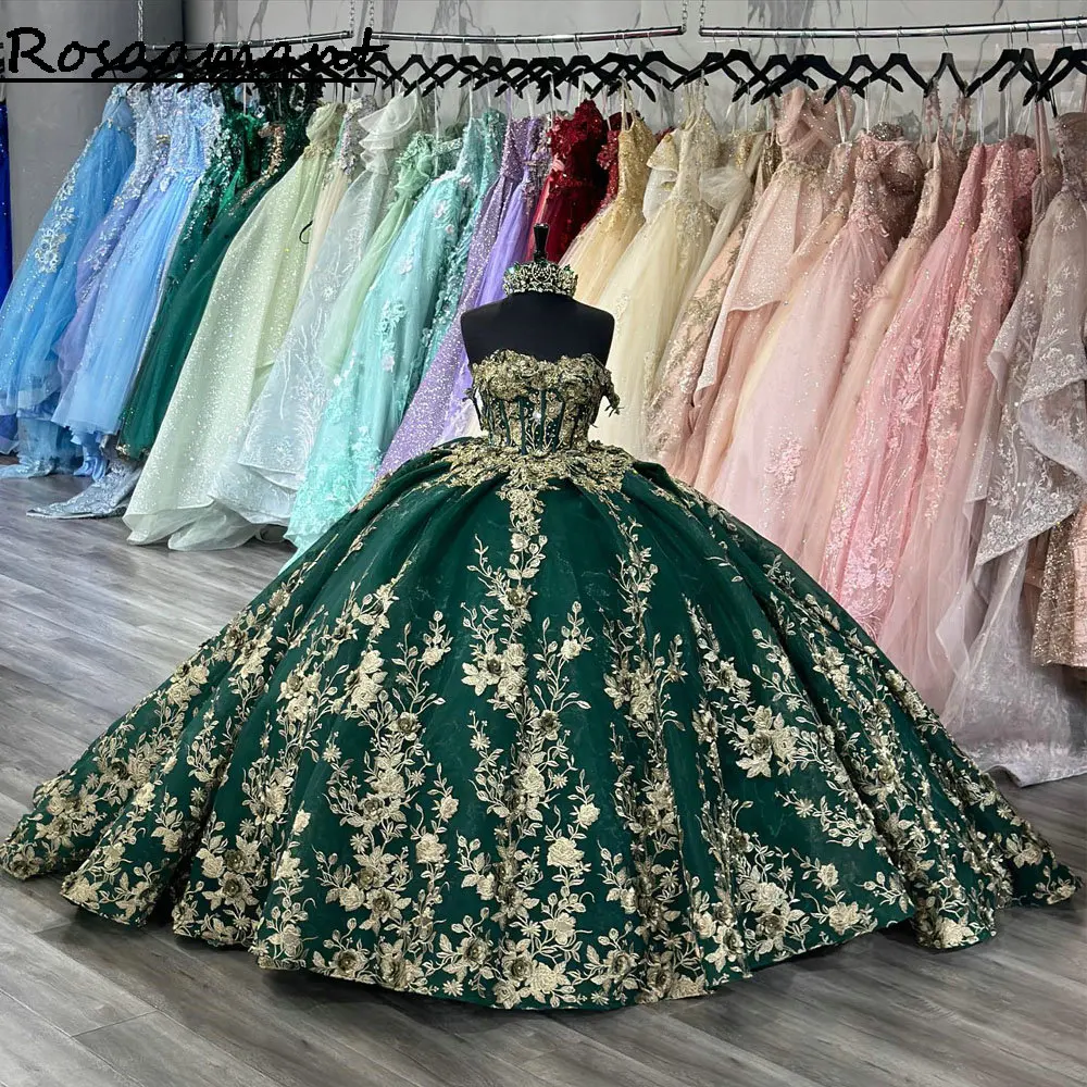 Vestido De baile De quinceañera con hombros descubiertos, verde esmeralda, apliques florales dorados, corsé De encaje, 15 Años