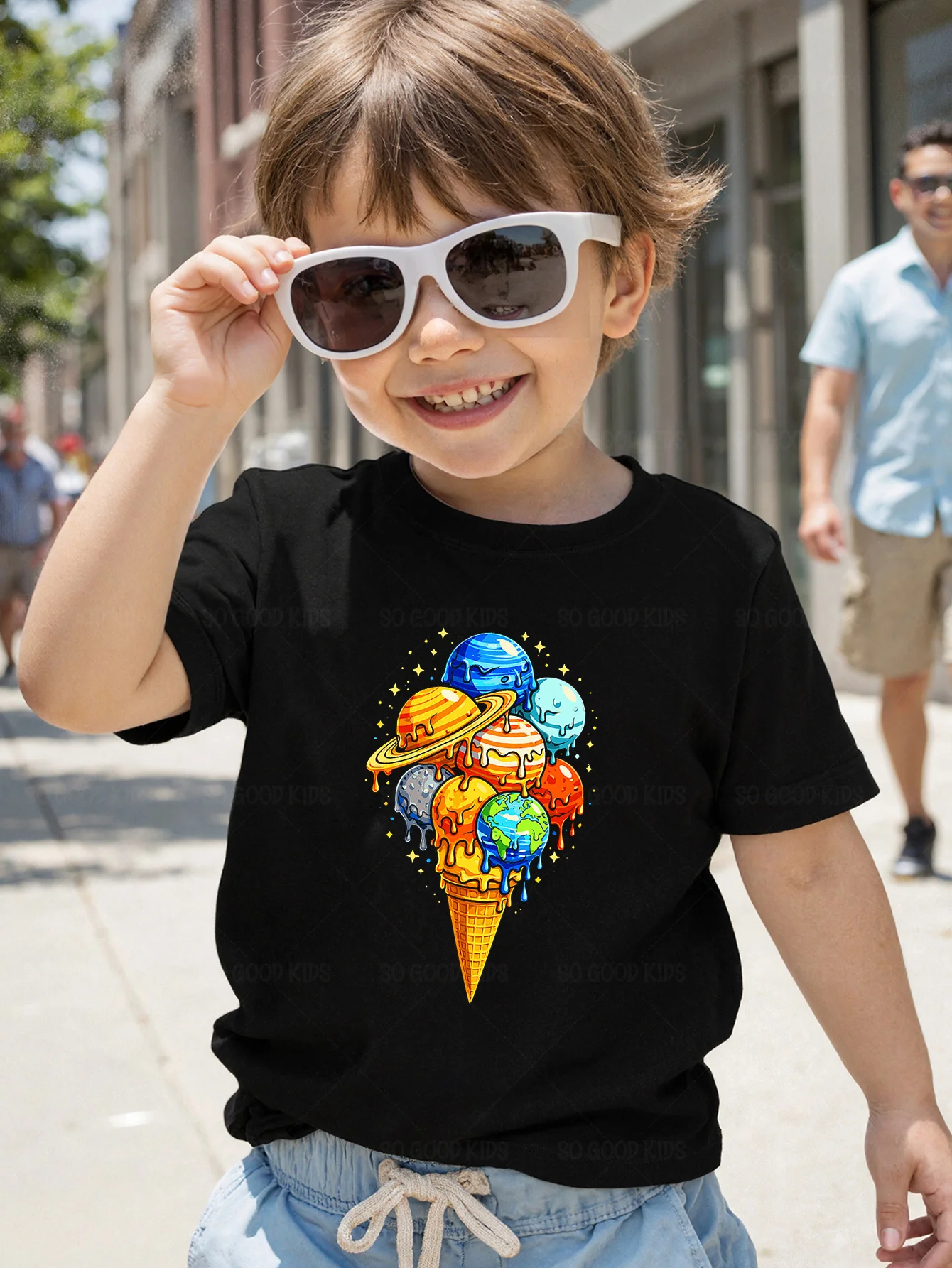 Planet Ice Cream Cone Starry Outer Space Cartoon Graphic Kids T Shirt Boys Girls Family Matching Summer Crew Neck Casual Tee