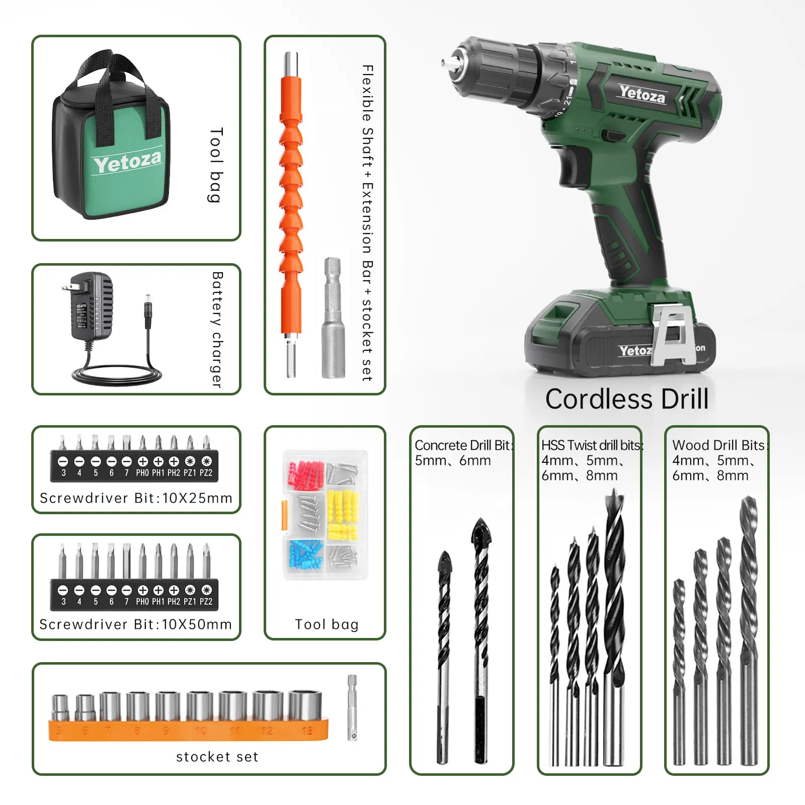 

Cordless Drill Driver Kit 20V Li-Ion Battery ScrewDriver Power Drillswith Bits