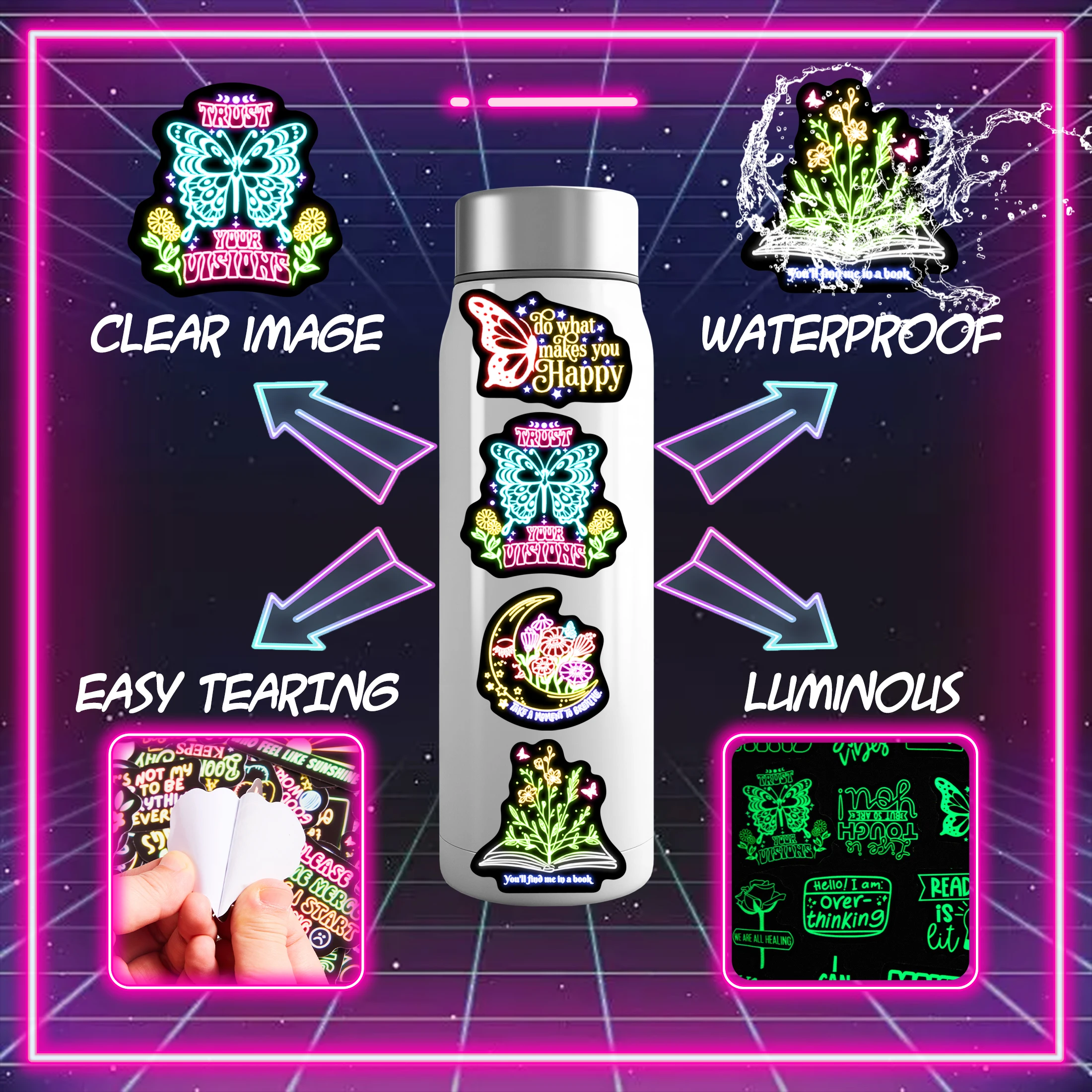 50Pcs Neon Phrase Pattern Glow in the Dark Stickers Waterproof Vinyl Decals Computer Phone Case Decoration for Kids DIY Gifts